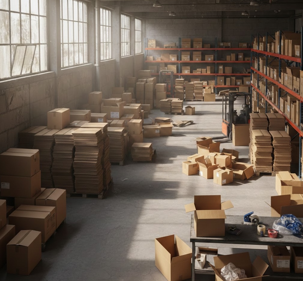 Eco Boxes warehouse interior with sunlight streaming through windows